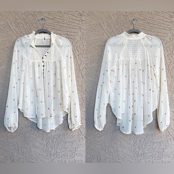 FREE PEOPLE Sheer Cream Metallic Gold Clip Dot Smocked Oversized Tunic Blouse - Picture 4 of 17